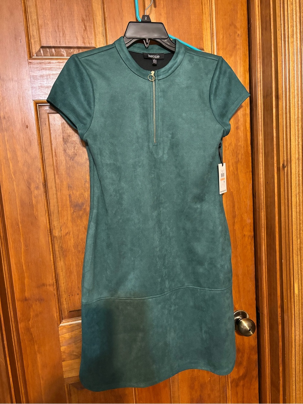 Kensie Teal Faux Suede Short Sleeve Dress with Front Zip